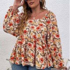 NWOT SHEIN Curve Plus Floral Print Lantern Sleeve Peplum Hem Blouse
